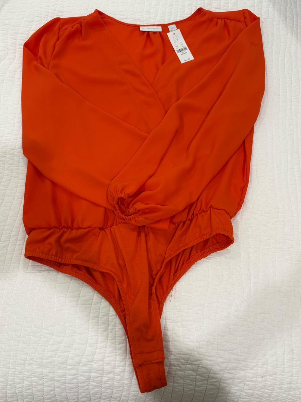 New York & Company Orange Long-Sleeve Surplice Bodysuit - Picture 5 of 8